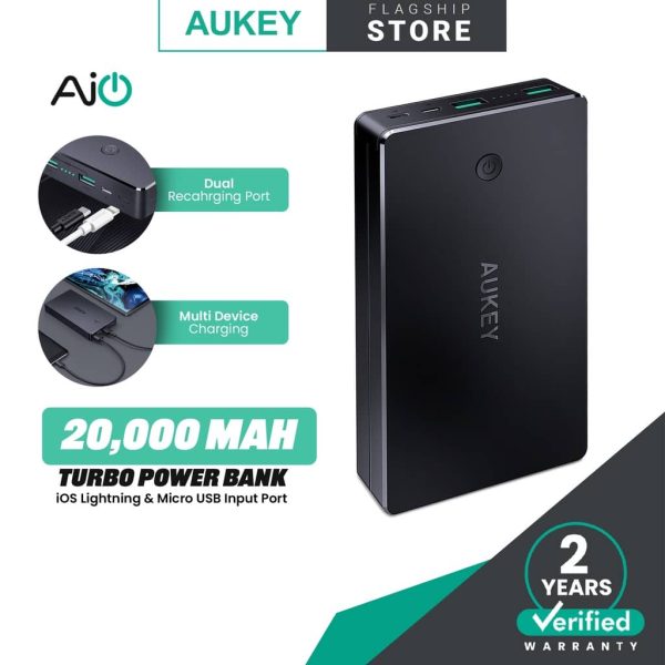 AUKEY PB-N36 20000mAh Power Bank 3.4A Dual Turbo Recharge AiPower With iOS Lightning Input - Black