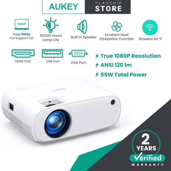 AUKEY RD-860 Full HD 1080P Wi-Fi LCD Projector with Support Smartphone Screen Sync HDMI VGA - White