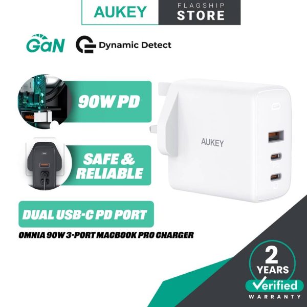 AUKEY PA-B6S Omnia 90W 3-Port MacBook Pro Charger with GaNTech PD Charger USB C Fast Charger Laptop Charger QC 4.0+ PPS - White
