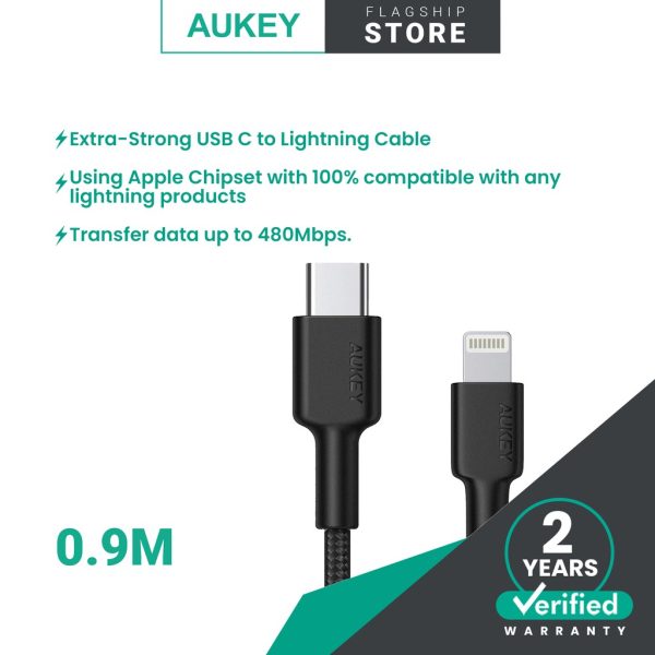 AUKEY CB-CL3 MFI Braided Nylon USB C To Lightning Cable Fast Charge iPhone 12/11/XR/X/8/8 Plus - 0.9m - Black