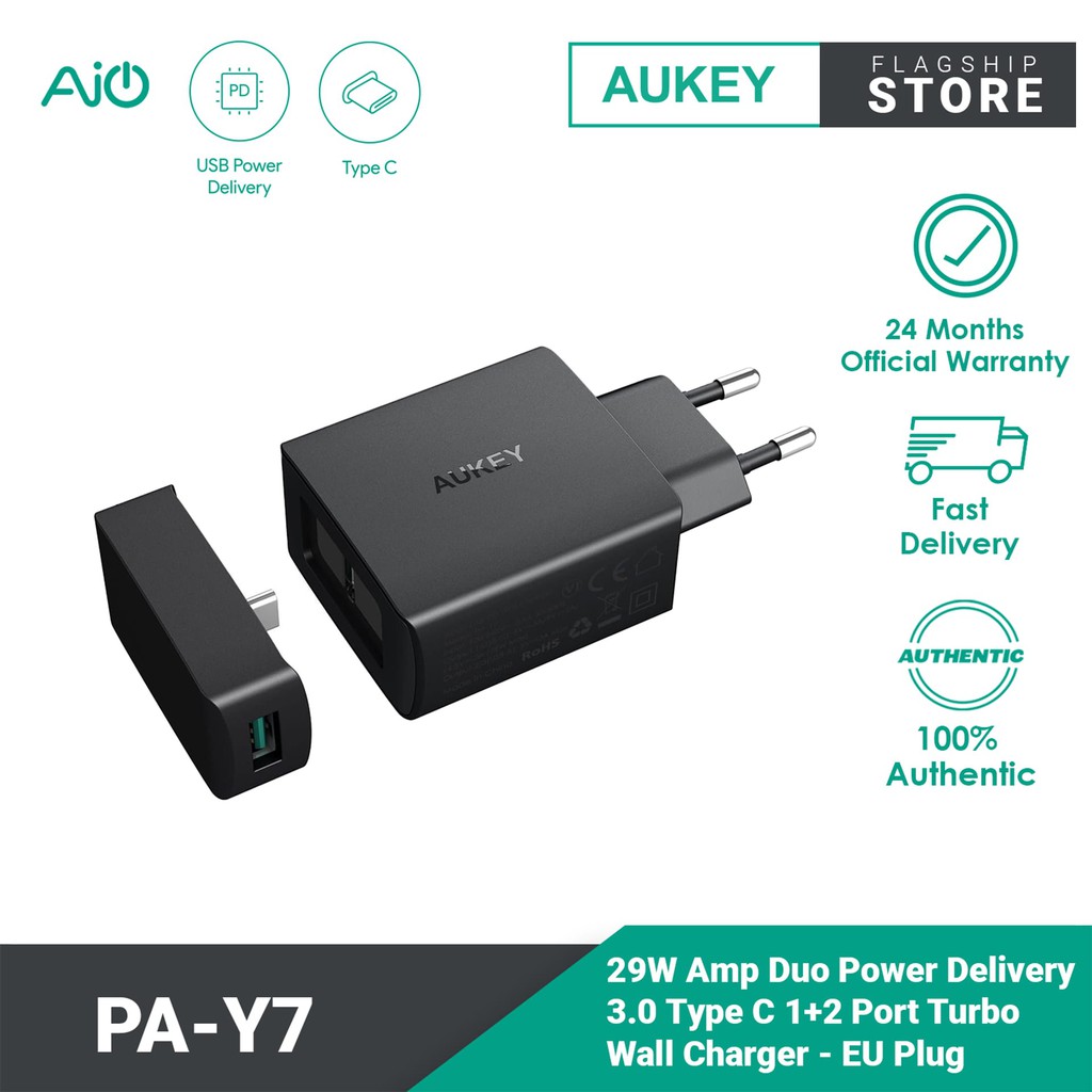 AUKEY PA-Y7 AMP Duo Power Delivery 3.0 USB C 1+2 Port Turbo Charger (29W) - Black - Image 1