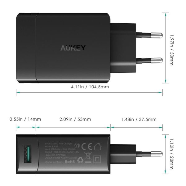 AUKEY PA-Y7 AMP Duo Power Delivery 3.0 USB C 1+2 Port Turbo Charger (29W) - Black