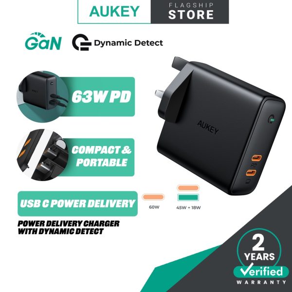 AUKEY PA-D5 USB C Power Delivery Charger with Dynamic Detect (63W) - Black