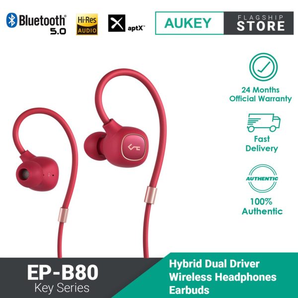 AUKEY Key Series EP-B80 Bluetooth 5 Wireless Headphones Earbuds with Hybrid Driver System, High Fidelity Sound, aptX - Red