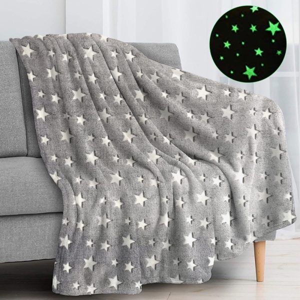 Adults Kids Luminous Blanket Glow In The Dark Blanket Flannel Comfortable Quilt Night Light Shine - Grey Star