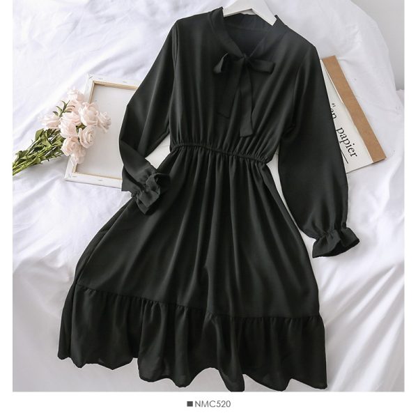 Casual Ribbon for Women High Waist A-Line High Waist Model Dress Long Sleeve Solid Dress - Black