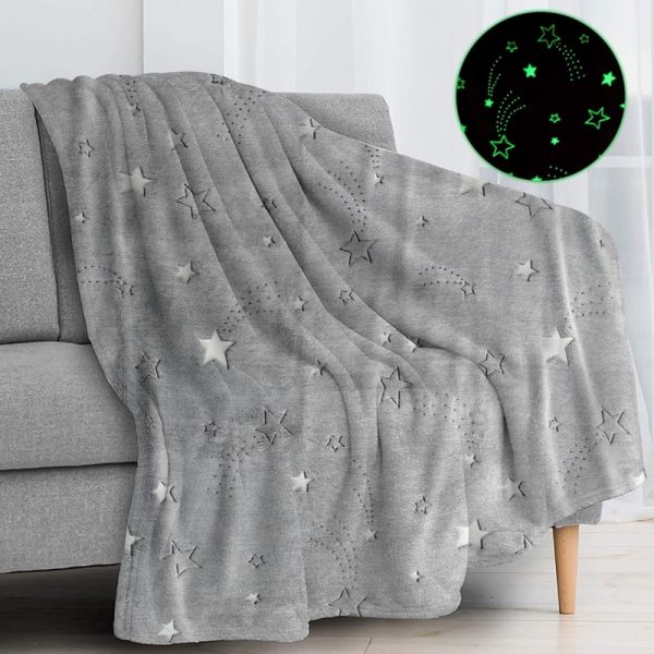 Adults Kids Luminous Blanket Glow In The Dark Blanket Flannel Comfortable Quilt Night Light Shine - Grey Flying Star