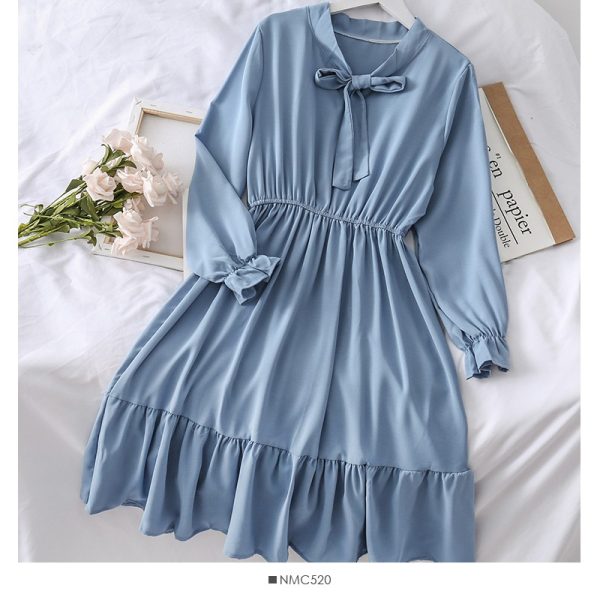 Casual Ribbon for Women High Waist A-Line High Waist Model Dress Long Sleeve Solid Dress - Blue