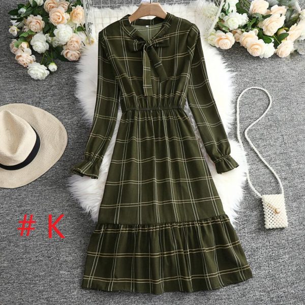 Casual Ribbon for Women High Waist A-Line High Waist Model Dress Long Sleeve Solid Dress - Dark Green #K