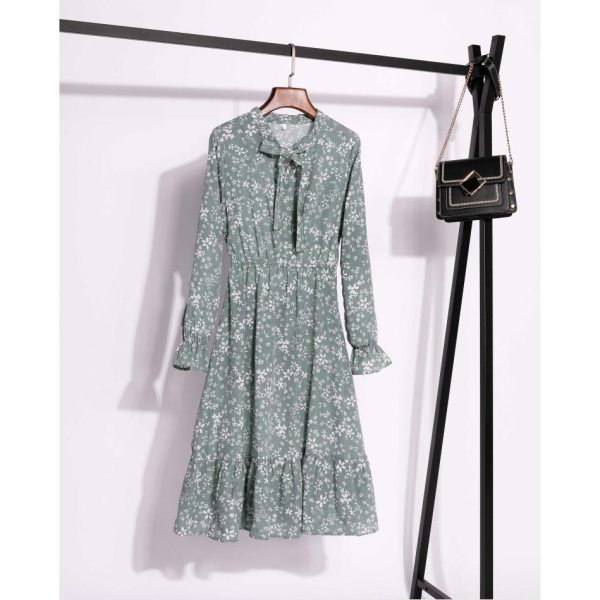 Casual Ribbon for Women High Waist A-Line High Waist Model Dress Long Sleeve Solid Dress - Green #24