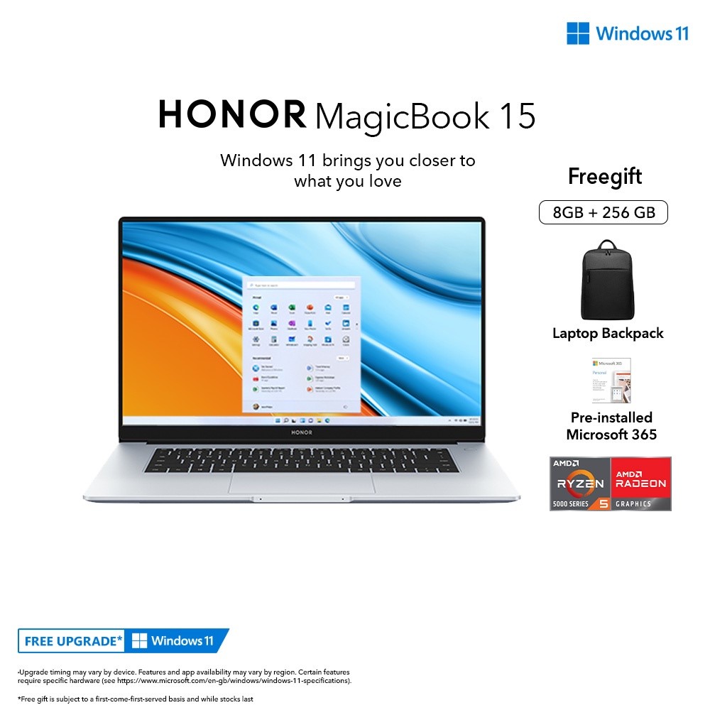 HONOR MagicBook 15 AMD Ryzen 5 5500U 15.6" 8GB RAM 256GB SSD[FREE Backpack] 2 Years Warranty - Mystic Silver - Image 1