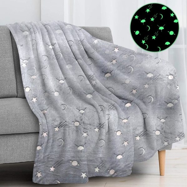 Adults Kids Luminous Blanket Glow In The Dark Blanket Flannel Comfortable Quilt Night Light Shine - Grey Star Planet