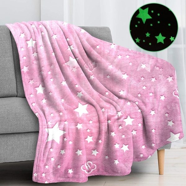 Adults Kids Luminous Blanket Glow In The Dark Blanket Flannel Comfortable Quilt Night Light Shine - Pink Star