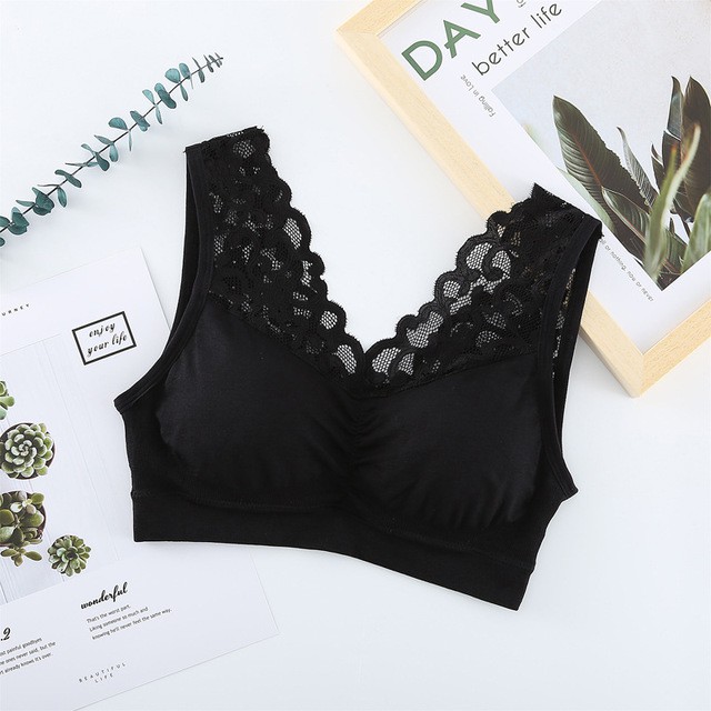 M and L Plus Size Bra Seamless Lace Vest-style Tube Comfort Push Up Wireless Bra B0027 - Black - Image 1