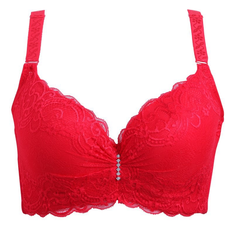 Women Sexy Lace Thin 3/4 Cup D Bras Adjustable Breathable Plus Size Bra Wired B0009 - Red - Image 1