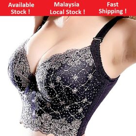 Women Side Support Boost Push Up Embroidery Bra Underwire Adjustable Bra C CUP B0003 - Black - Image 4