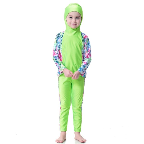 3-11Y Girl Swimming Suit Kids Swimsuit Baby Cute Long Sleeved Muslimah Swimwear - Green