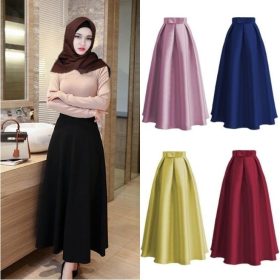Women Pleated Maxi Long Skirts Casual Floor Length A Line elastic high Skirt - Blue - Image 3