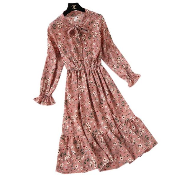 Muslimah Women's Elegant Floral Dot Korean Long Sleeve Print Dress - Pink #14