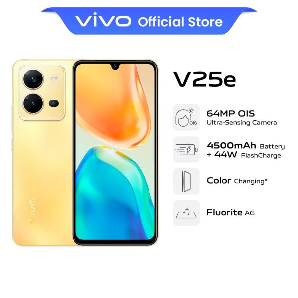VIVO V25e Smartphone 8GB+4GB Extended RAM, 64MP OIS Ultra-Sensing Camera, 44W Flash Charge, Fluorite AG, Colour Changing - Sunrise Gold