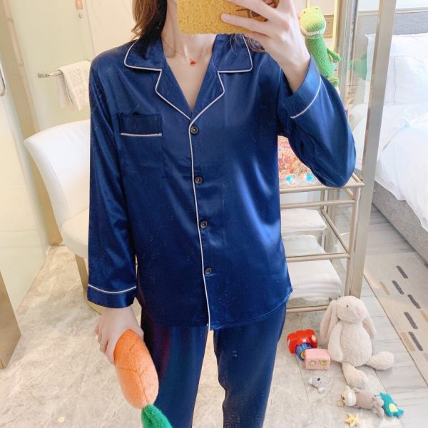 Silk Satin Pajamas Set Women Long sleeve Sexy Sleepwear Homewear Nightwear SZ003 - Blue