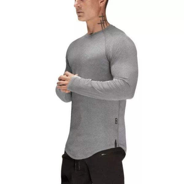 Cotton Long Sleeve Gym T-Shirt Men Raglan Training Workout Fitness Sportswear Exercise Shirt - Grey