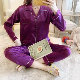 Silk Satin Pajamas Set Women Long sleeve Sexy Sleepwear Homewear Nightwear SZ003 - Purple - Image 1