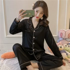 Silk Satin Pajamas Set Women Long sleeve Sexy Sleepwear Homewear Nightwear SZ003 - Black