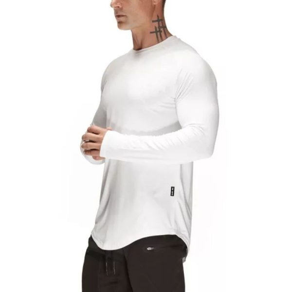 Cotton Long Sleeve Gym T-Shirt Men Raglan Training Workout Fitness Sportswear Exercise Shirt - White