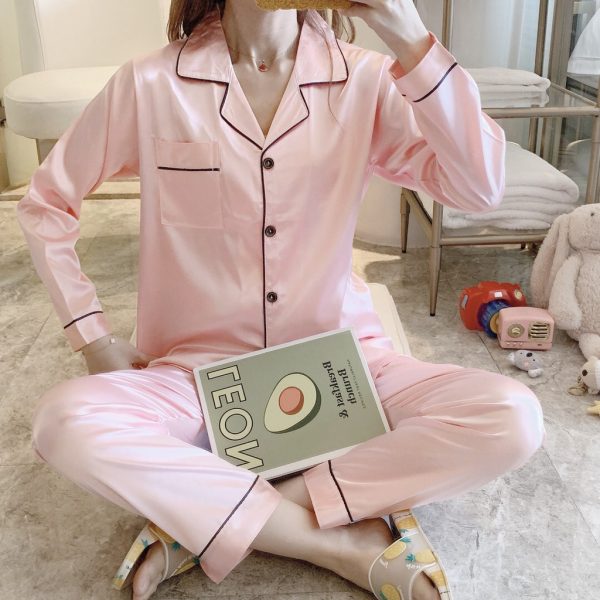 Silk Satin Pajamas Set Women Long sleeve Sexy Sleepwear Homewear Nightwear SZ003 - Pink