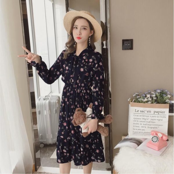 Muslimah Women's Elegant Floral Dot Korean Long Sleeve Print Dress - Black #8