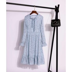Muslimah Women's Elegant Floral Dot Korean Long Sleeve Print Dress - Blue #16 - Image 1