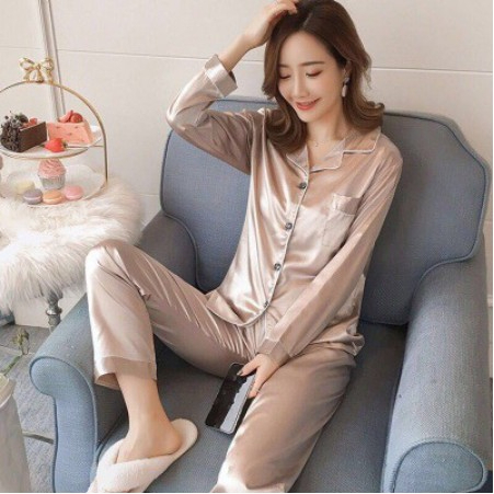 Silk Satin Pajamas Set Women Long sleeve Sexy Sleepwear Homewear Nightwear SZ003 - Champagne