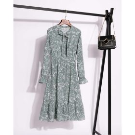 Muslimah Women's Elegant Floral Dot Korean Long Sleeve Print Dress - Green #24 - Image 1