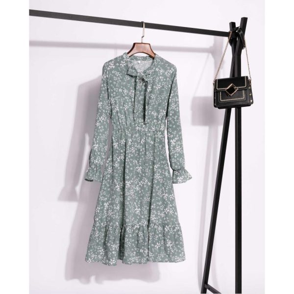 Muslimah Women's Elegant Floral Dot Korean Long Sleeve Print Dress - Green #24