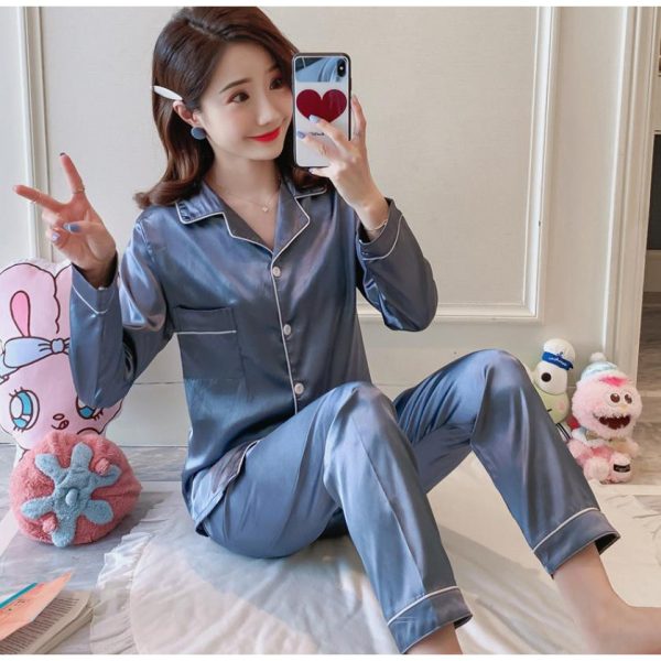 Silk Satin Pajamas Set Women Long sleeve Sexy Sleepwear Homewear Nightwear SZ003 - Fog Blue