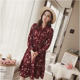 Muslimah Women's Elegant Floral Dot Korean Long Sleeve Print Dress - Maroon #7 - Image 1