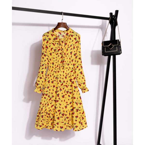 Muslimah Women's Elegant Floral Dot Korean Long Sleeve Print Dress - Yellow #703-8