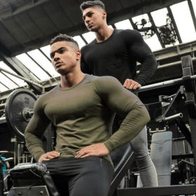 Cotton Long Sleeve Gym T-Shirt Men Raglan Training Workout Fitness Sportswear Exercise Shirt - Army Green - Image 7