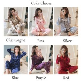 Silk Satin Pajamas Set Women Long sleeve Sexy Sleepwear Homewear Nightwear SZ003 - Blue - Image 3