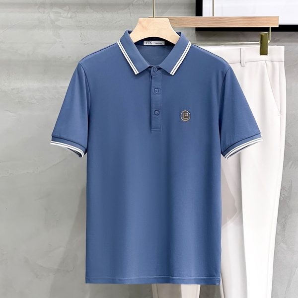 T-Shirt Polo Men Short Sleeve Summer Lapel Slim Business Casual Top (19718) - Blue