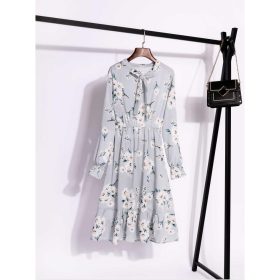 Muslimah Women's Elegant Floral Dot Korean Long Sleeve Print Dress - White #703-2