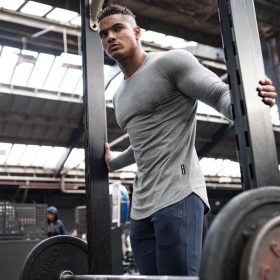 Cotton Long Sleeve Gym T-Shirt Men Raglan Training Workout Fitness Sportswear Exercise Shirt - Army Green - Image 8