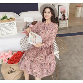 Muslimah Women's Elegant Floral Dot Korean Long Sleeve Print Dress - Pink #14 - Image 3