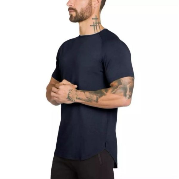 Cotton Gym T-Shirt Men Raglan Workout Fitness Plain Exercise Shirt Training Short Sleeve Tee - Navy