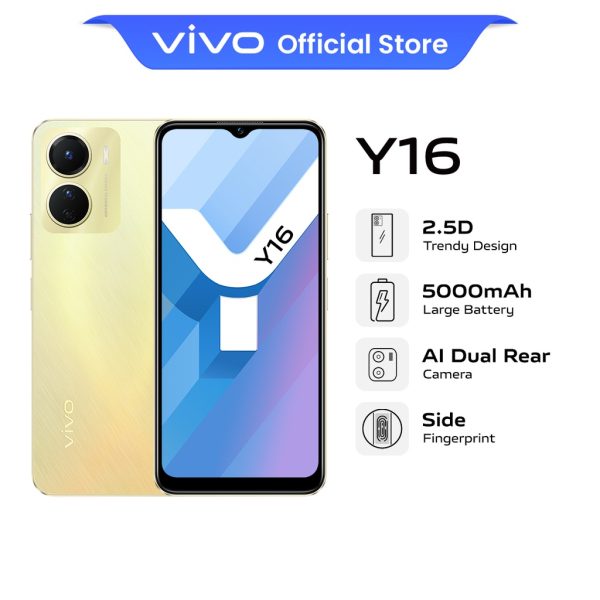 VIVO Y16 Smartphone 2.5D Trendy Design, 5000mAh Battery, AI Dual Rear Camera, Side Fingerprint - Drizzling Gold