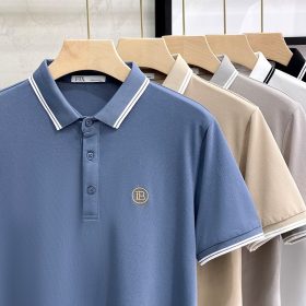 T-Shirt Polo Men Short Sleeve Summer Lapel Slim Business Casual Top (19718) - Apricot - Image 2