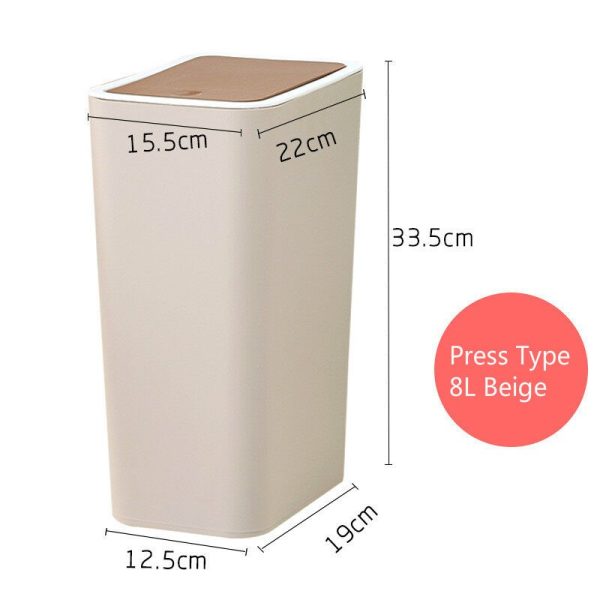 8L Household Push Type Trash Can Bucket with Lid Kitchen Bin Dustbin With Cover Wastebasket - Beige