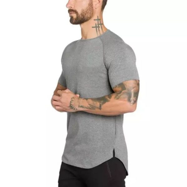 Cotton Gym T-Shirt Men Raglan Workout Fitness Plain Exercise Shirt Training Short Sleeve Tee - Grey