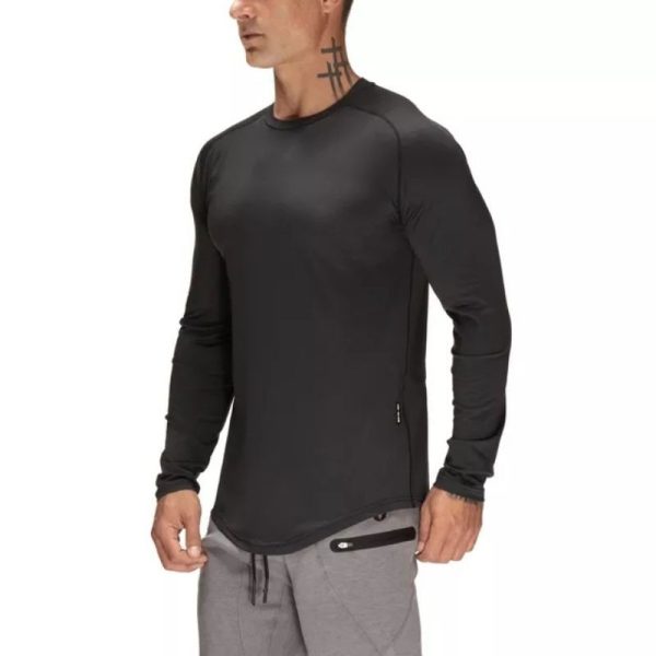 Cotton Long Sleeve Gym T-Shirt Men Raglan Training Workout Fitness Sportswear Exercise Shirt - Black